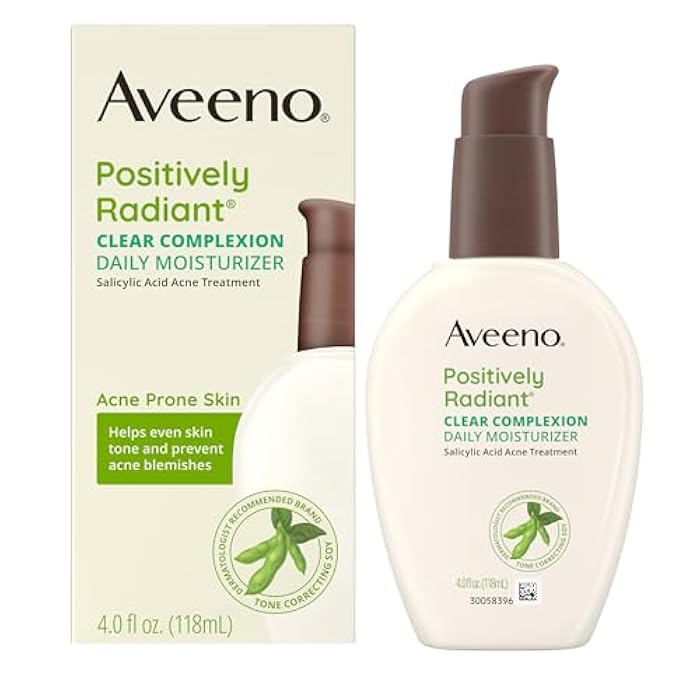 Aveeno Positively Radiant Clear Complexion Face Moisturizer, Acne Facial Moisturizer with Soy and Salicylic Acid for Oily Skin, Hypoallergenic Formula, Paraben-Free, Non-Comedogenic, Pump, 4 FL OZ - Image 2